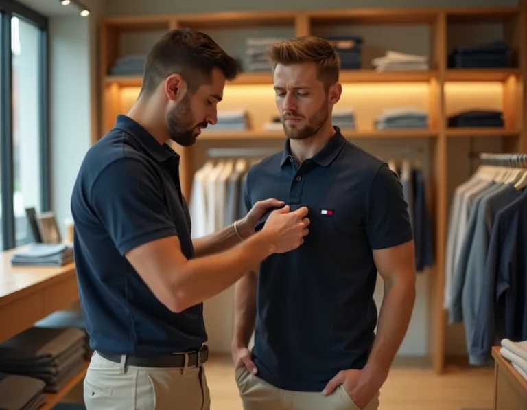 Homme vérifiant l'étiquette de taille d'un polo Tommy Hilfiger en boutique
