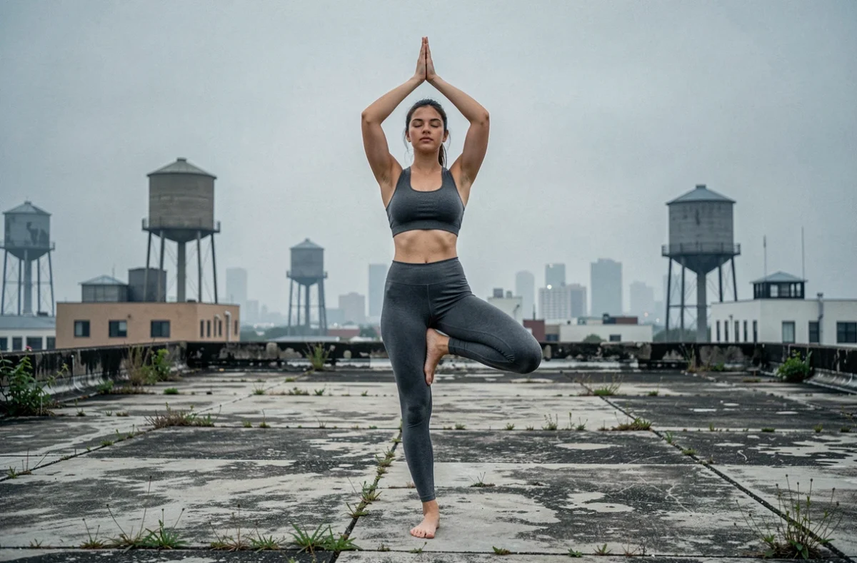 Jeune femme pratiquant le yoga en équilibre sur un toit urbain fissuré, illustrant la résilience et la sérénité face aux défis du quotidien